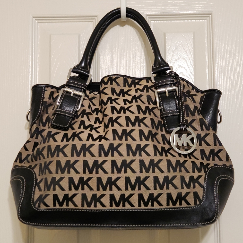 🖤Michael Kors Brookville Satchel Black Leather and Tan Jacquard Bag -No Strap